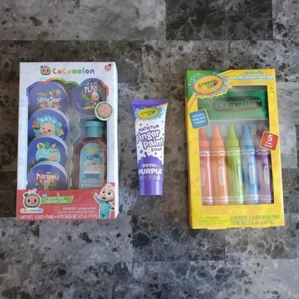Cocomelon Memory Game, Crayola Bath Pens Set, and Purple Bath Paint